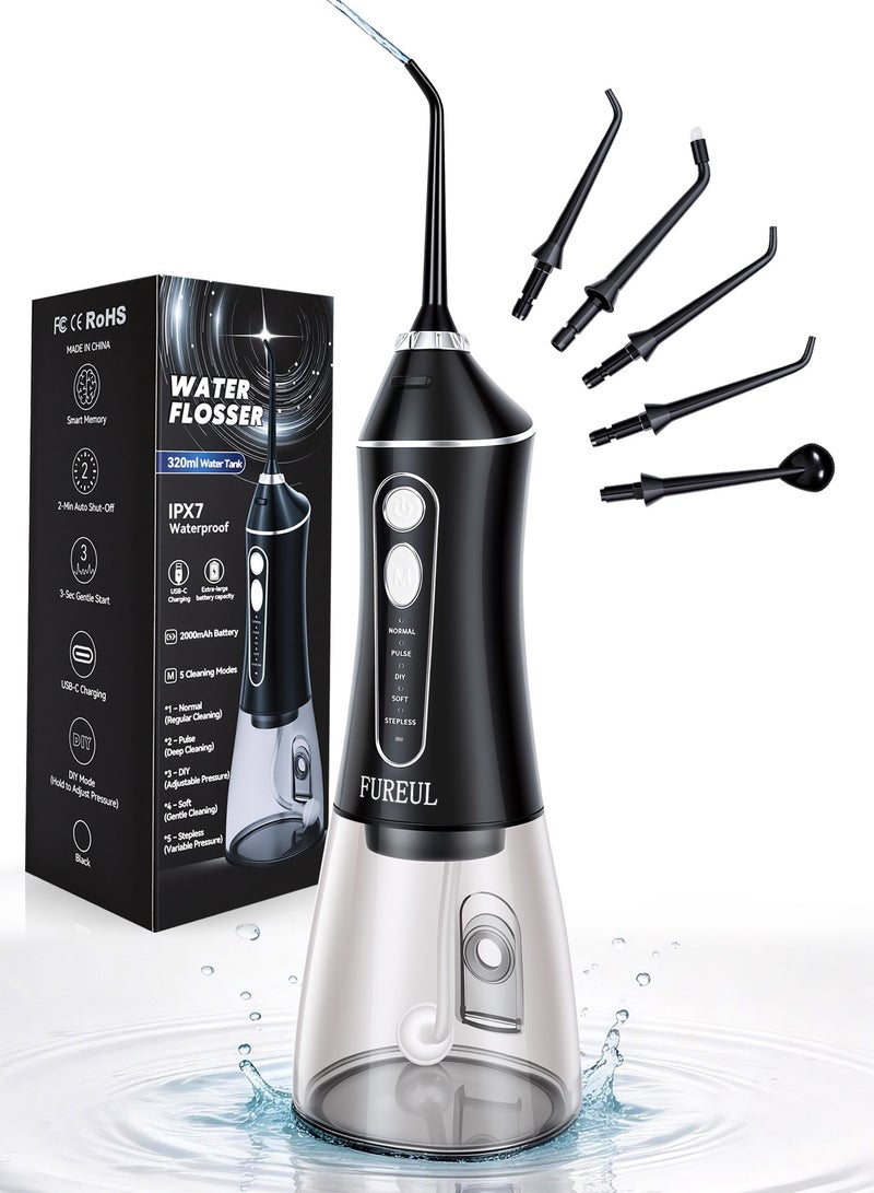 فوريول جهاز خيط مائي لاسلكي للأسنان من FUREUL - خزان مطور ٣٢٠ مل، ٥ أوضاع (مع DIY)، ٦ رؤوس (طقم عائلي)، مقاوم للماء IPX7، شحن USB-C - محمول للسفر - أسود - Image 1